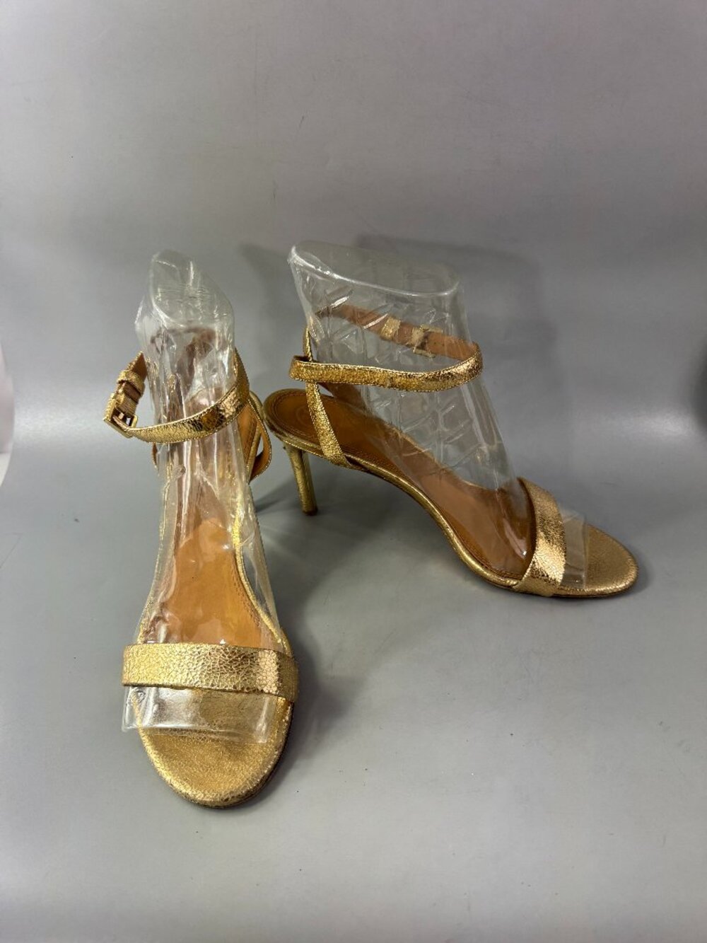 Tory Burch Gold Leather Cracked Effect Heel Sandals, Size 11